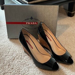 PRADA Shoes - Black Patent Leather Peep Toe Espadrille Wedge
